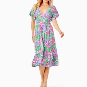 Lilly Pulitzer Juliet Ruffle Midi Dress A Cherry on Top Multi Flutter Sleeves, L